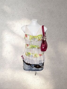 Y2K Boho Tiered Floral Mesh Top - Coquette Fairycore Ruffle Cami